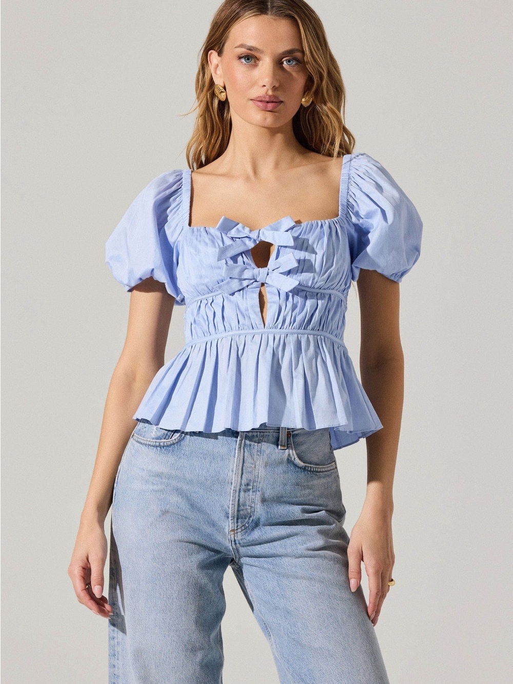 NWT Astr Bow Front Peplum Top Sky Blue Puff Sleeve Peplum Blouse, Sz XS